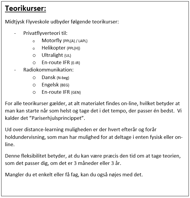 Teorikurser Flyveskole Tabel